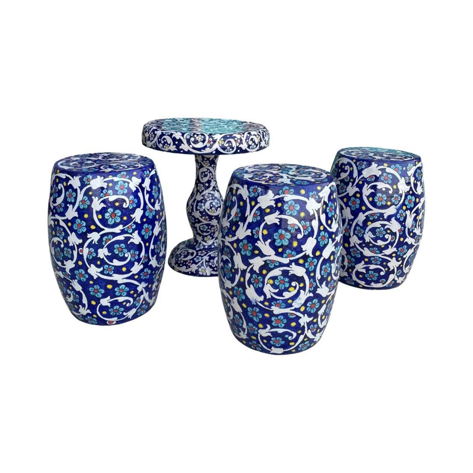 CERAMIC ARTWORK TABLE AND 3 STOOLS